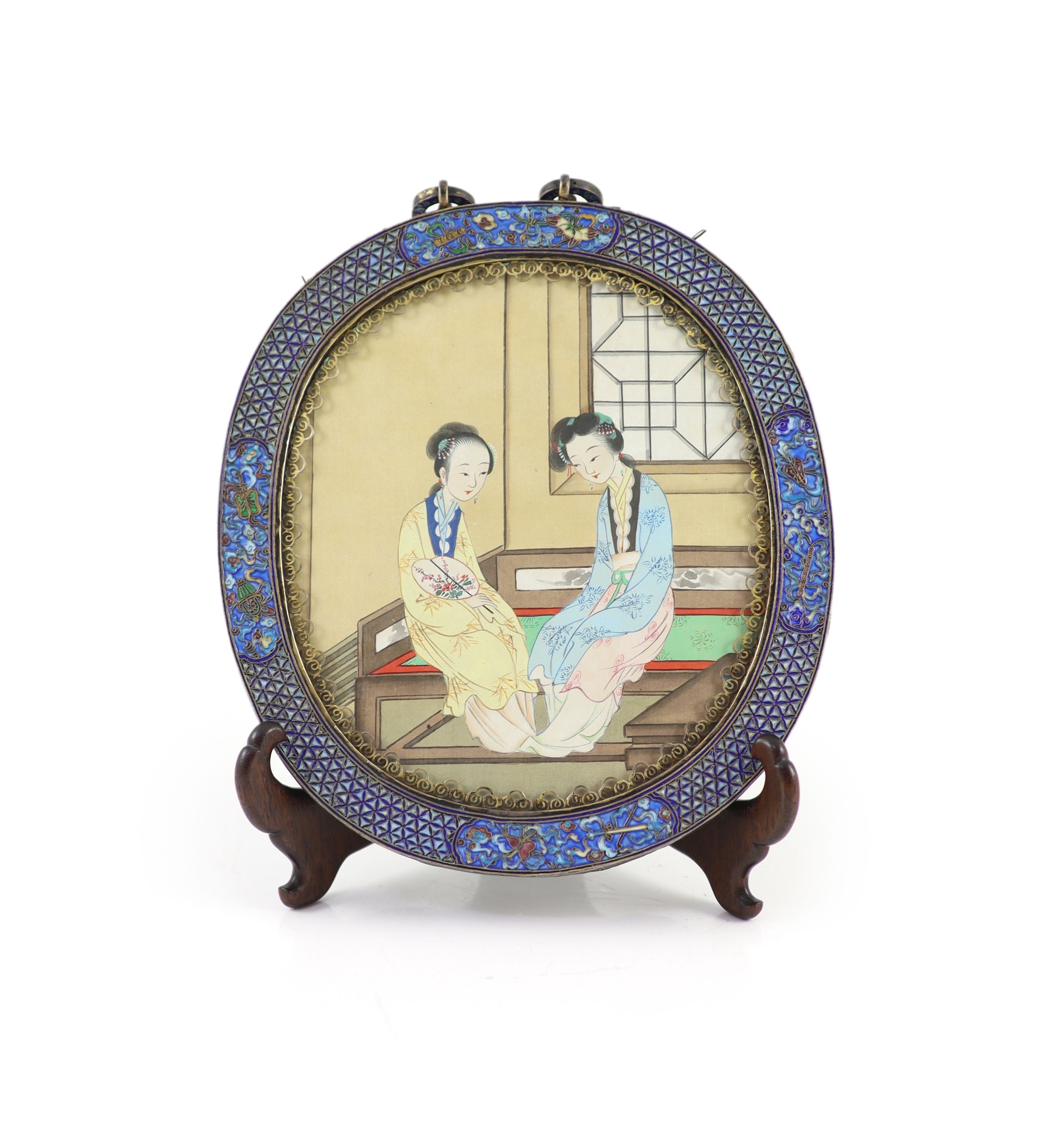 A Chinese white metal cloisonné enamel and gem set wall mirror, mid 20th century, 29.5cm to suspension loop 22.5cm wide, wood stand